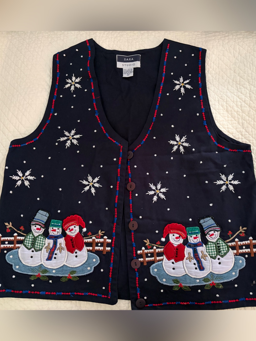 Sara Studio Navy Snowman Embroidered Holiday Vest Sz Small NWOT